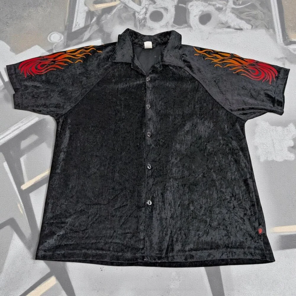 Vintage Y2K Crushed Velvet Button‎ Down Flame Shirt Size Medium